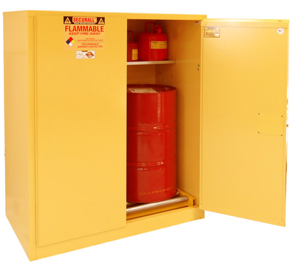 Securall 120 Gallon Vertical Drum Flammable Safety Cabinet, model V1110, manual close
