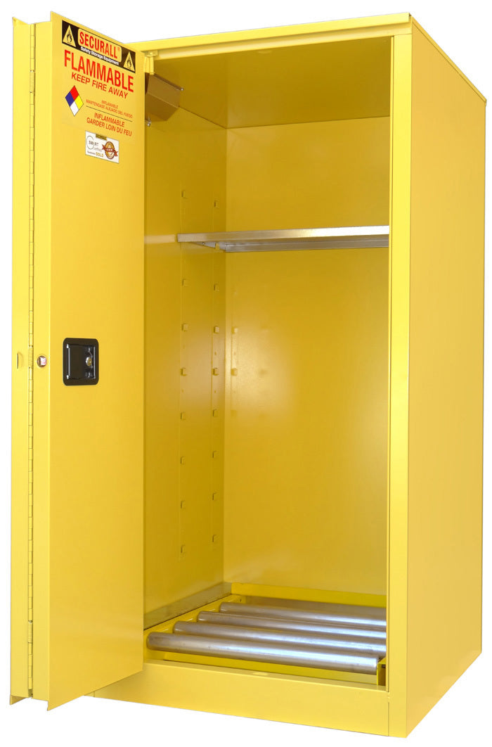 Securall 75 Gallon Vertical Drum Flammable Safety Cabinet, model V275, self-closing sliding door