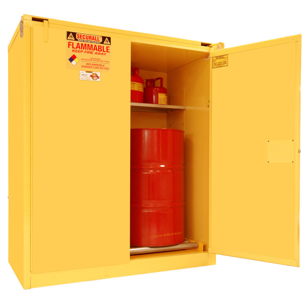 Securall 120 Gallon Vertical Drum Flammable Safety Cabinet, model V3110, self-closing safe-t-door