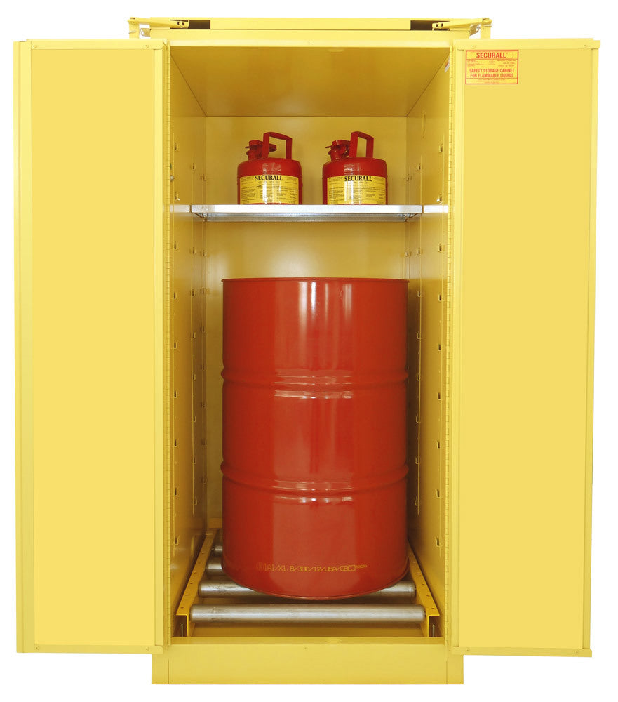 Securall 60 Gallon Vertical Drum Flammable Safety Cabinet, model V360, self-closing safe-t-door